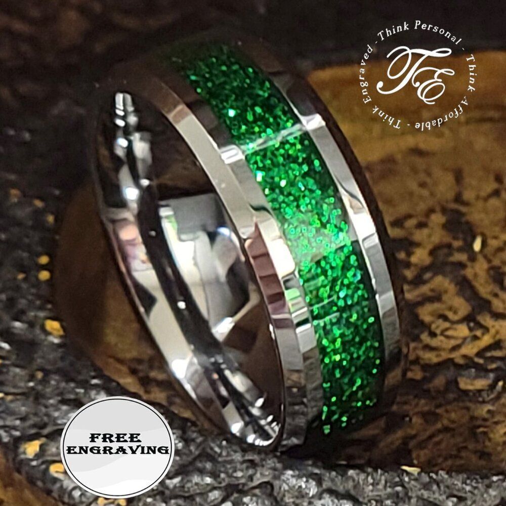 Personalized Men's Green Emerald Galaxy Tungsten Promise Ring  or Wedding Ring